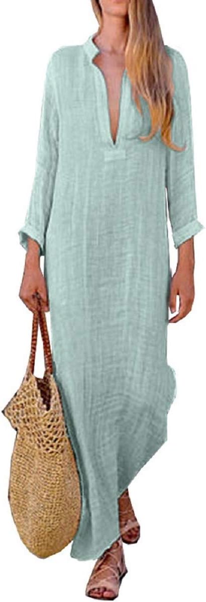Women Long Sleeve Casual Loose Dresses V-Neck Linen Maxi Beach Long Dresses