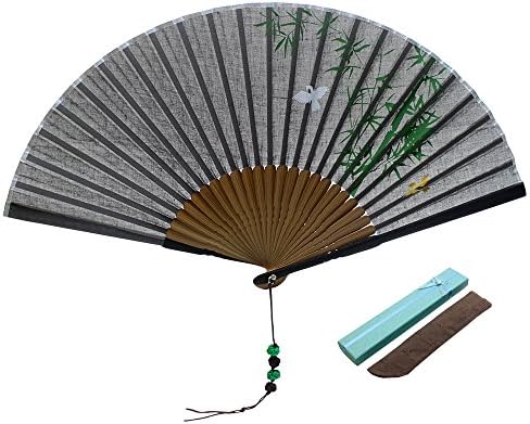Jsswb Cloth Japanese Fan - Grey based with Green Bamboo and birds