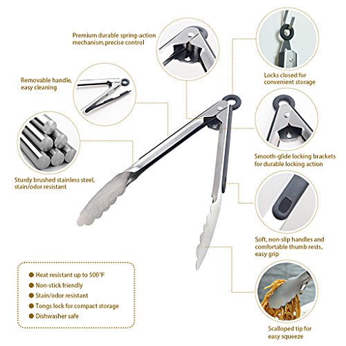 LUTAVOY Salad Tongs BBQ Serving Tongs Kitchen Locking Tongs for Cooking,2 Packs 9"&12" (KS01),FDA approved, No toxic, Diswasher Safe