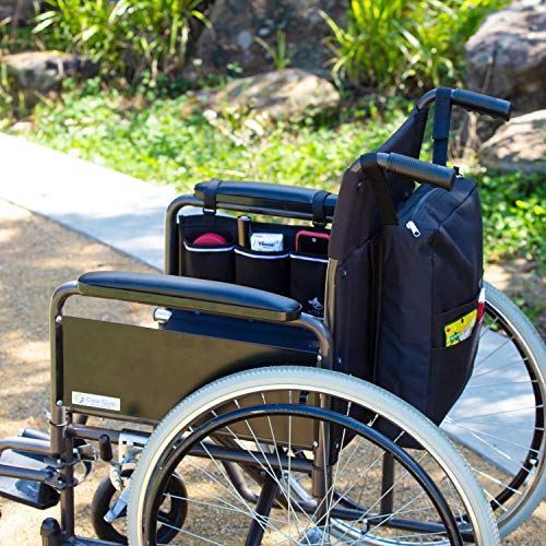 Larger Wheelchair Side Bag - Arm Rest Pouch - Wheel Chair Accessories Organizers - Fits Walkers, Rollators, Scooters (Larger Sized Black)