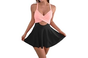 B2prity Women Cutout One Piece Skirt Swimsuit V Neck Wrap Tie Back Swimdress Tummy Control Bathing Suits