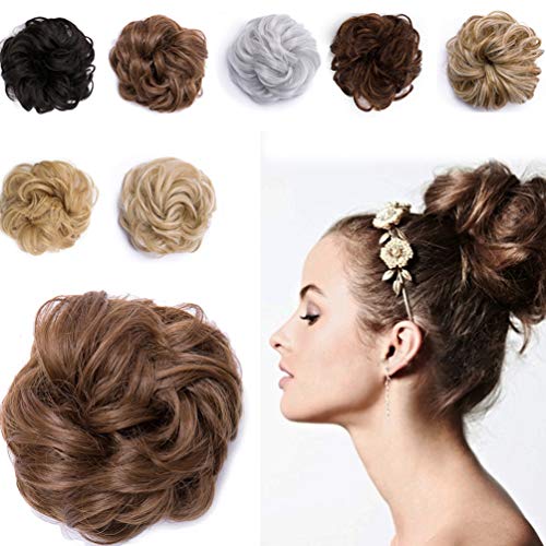 Messy Hair Bun Extensions Synthetic Updo Chignons Donut Elastic Bride Bun Ponytail Scrunchy Hairpiece Wig Accessory for Women 45g Golden Brown-Thicker