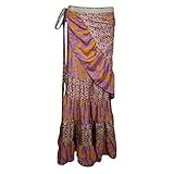 Mogul Interior Women's Wrap Skirt Purple Printed Silk Sari Ruffled Maxi Skirt M