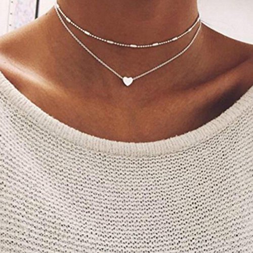 Double Layered Heart Pendant Necklace,Haluoo Women Fashion Delicate Beads Tassel Choker Necklace Dainty Tiny Love Heart Clavicle Necklace for Girls Ladies Trendy Jewelry (Silver)