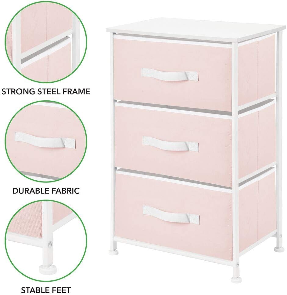 mDesign 3-Drawer Vertical Dresser Storage Tower - Sturdy Steel Frame, Wood Top and Easy Pull Fabric Bins - Multi-Bin Organizer Unit for Child/Kids Bedroom or Nursery - Light Pink/White: Home & Kitchen