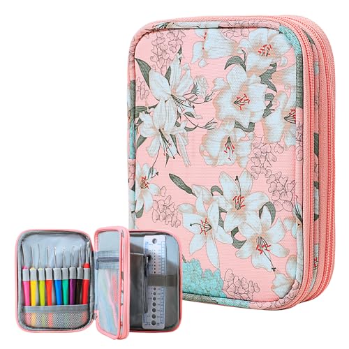 KOKNIT Crochet Hook Case, Zipper Storage Organizer Bag with Web Pockets for Crochet Needles/Knitting Accessories/Crochet Hook Kit Tools, Lightweight, Easy to Hold