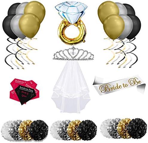 Joli Party - Bachelorette Party Decorations Kit, Bridal Shower, Hen Night Bundle for Girls Night in or Out. with Accessories, Supplies and Games. Balloons, Pompoms, Swirls, Veil, Sash, Tiara, Cards