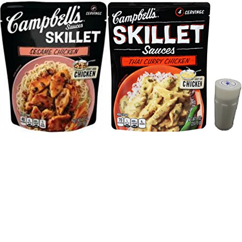Campbells Skillet Sauces for Chicken Variety Pack. One Thai Curry and One Sesame Chicken, 11 Oz Pouches. Easy Method to Prepare Healthy Chicken Dinners. Includes 4 oz Morton Salt Shaker.