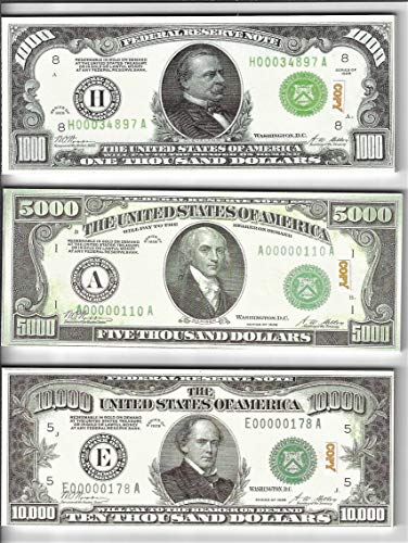 Custom Toys & Hobbies 20X $1000/5000/10,000 (1928) BILLS PROP MONEY/FAKE/PLAY. NOT LEGAL TENDER size 2.3x5.5 in. ONE SIDE ONLY