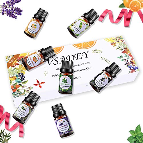 VSADEY Essential Oils Set 100% Pure Aromatherapy Essential Oil Kit for Diffuser, Humidifier, Massage, Skin Care - Lavender, Eucalyptus, Peppermint, Tea Tree, Sweet Orange, Lemongrass (7 x 10ml)