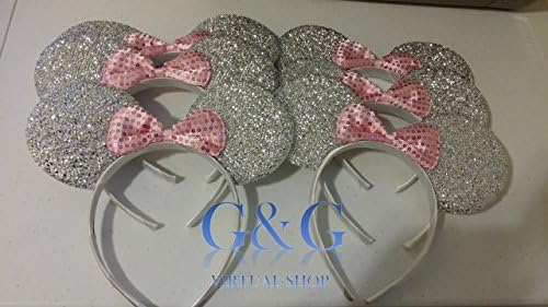 Minnie Mouse Ears Headband Silver Sparkle Design With Pink Bow (Childrens or Adults)