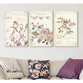 3 Panel Canvas Wall Art - Vintage Style Birds Flowers on Floral Background - Giclee Print Gallery Wrap Modern Home Art Ready to Hang - 16"x24" x 3 Panels