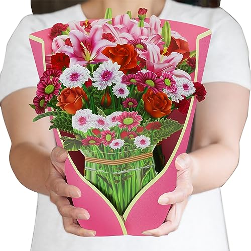 STFALI Paper Flowers Pop Up Cards, 3D Flower Birthday Cards Roses & Carnations & Daisies & Lilies, 12 inch Life Sized, Forever Flower Bouquet Graduation Cards with Note Card and Envelope