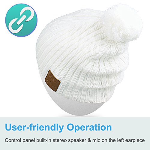Qshell Unisex Adult Bluetooth Beanie Hat Trendy Soft Warm Short Audio Music Cap with Wireless Headphone Headset Speaker Mic Hands-free,Christmas Gift for Winter Outdoor Sport Skiing Snowboard - White