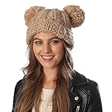 Women's Winter Trendy Warm knit Beanie Hat with Pom Pom Ears (Beige)