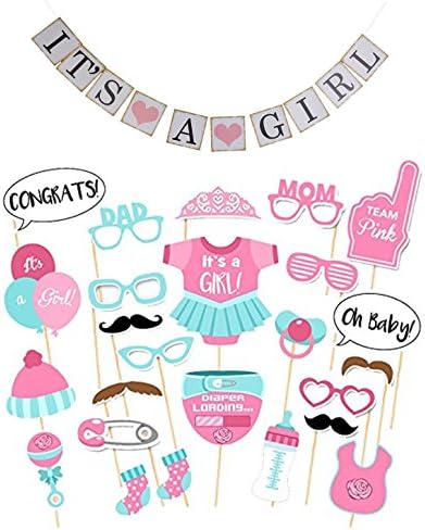FREE BONUS BANNER 27 PCS It's a Girl Baby Shower Party Masks Photo Booth Props it's a Girl Sign Banner