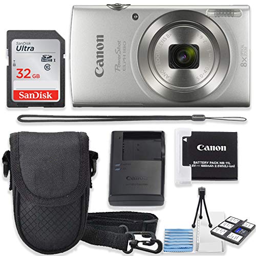 Canon PowerShot ELPH 180 Digital Camera (Silver) Kit with Sandisk 32GB