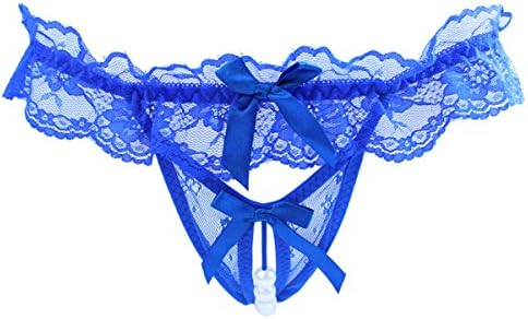 DivaCat Lace Pearl Panties Open Crotch G Strings Low-Waist One Size (Blue)