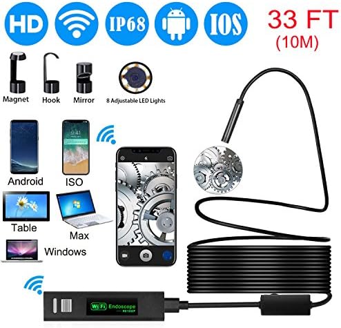 Wireless Endoscope,8mm Wifi Endoscope Camera HD Borescope Inspection Camera Snake Camera with 10M Cable for ISO and Android, iPhone, Samsung, Tablet - Black(33FT)