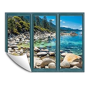 Wall Murals for Bedroom Fake Window Beach Blue Window Removable Wallpaper Peel and Stick Wall Stickers - 24x32 inches
