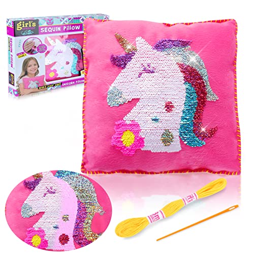 GILI Unicorn Pillows Sewing Kit for Kids Ages 6-12, Double Sided Unicorn Sequined Crafts Kits with Tools, Couch/Decor Pillow for Girls 8-12, Gift Sewing Kits for Beginners