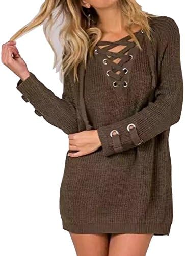 Summer Jun Women's Lace Up Front V Neck Long Sleeve Knit Sweater Dress Top