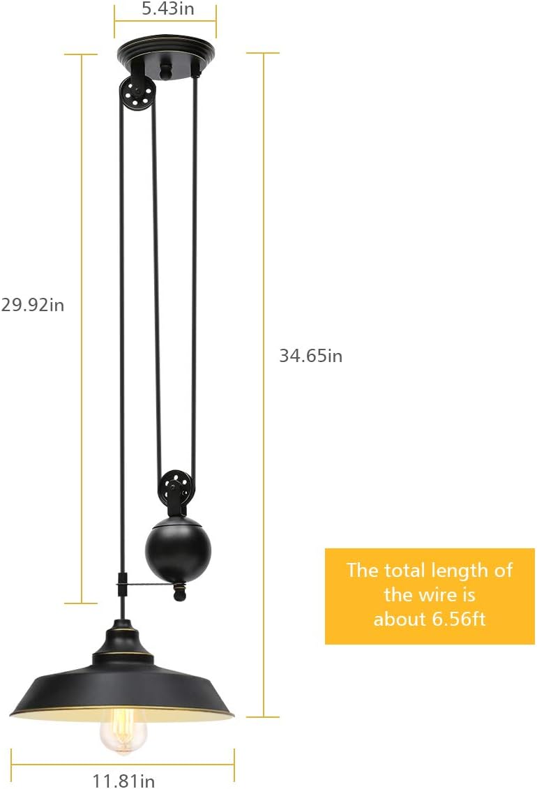 KingSo Rustic Pulley Pendant Light One Light Adjustable Height Industrial Black Ceiling Hanging Light Indoor Island Lamp for Dining Living Room Kitchen Hallway Foyer Farmhouse, One Light - - 