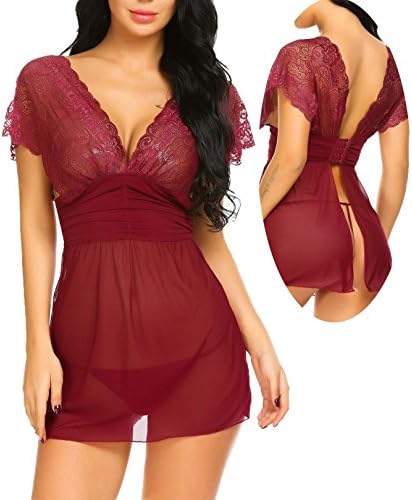 DOZNELA Women Sexy Halter Open Back Lingerie Sheer Lace Chemise Backless Sleepwear