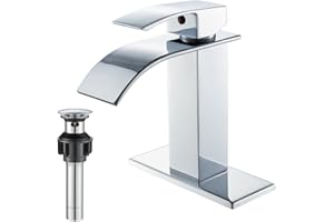 VOTON Chrome Bathroom Faucets Waterfall Bathroom Sink Faucet Modern Single Handle Bathroom Faucet for 1 or 3 Holes with Deck Plate and Pop-Up Drain, Rv Sink Camper Farmhouse Bathroom Faucet