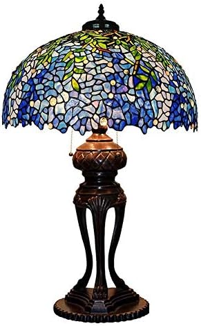 ステンドグラスランプ 大型ティファニースタイルテーブルランプ ブルーグリーンステンドグラスシェードリビングルームランプ3ライトh インチ手作り寝室の装飾 本日限定 ブルー