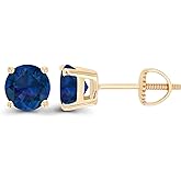 14K Gold Plated 925 Sterling Silver Hypoallergenic 6mm Round Genuine Birthstone Solitaire Screwback Stud Earrings