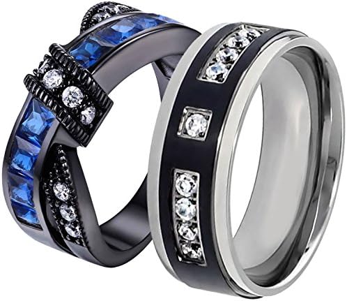 His Hers Black Stainless Steel Blue Created-Sapphire &amp; Cubic Zirconia Wedding Engagement Ring Sets TKJ