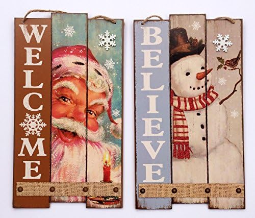 Believe Christmas Signs Vintage Style – Santa Claus Sign & Snowman Door Sign – 2 Wooden Christmas Welcome Signs for Retro Christmas Décor - 14 inches tall, 8 inches wide