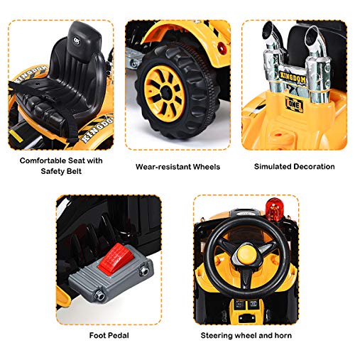 Costzon Kids Ride-On Excavator Toy - Real Sounds, Adjustable Bucket & Storage, With Helmet & Rocks