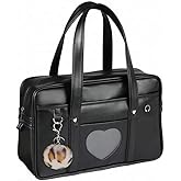 Chillpaper Large Japanese Shoulder Bag,Faux Leather Tote Bag Kawaii with Pink Leopard Pompom (A3 Big Size, Black Heart Window)