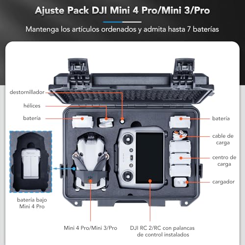Lykus Titan MM410 Maletín/Estuche/Case rígido impermeable (Negro) para DJI Mini 4 Pro/Mini 3/Mini 3 Pro y DJI RC 2/RC/RC-N2 Combo, admite 7 baterías y cordón RC [Solo Estuche]