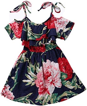Little Kids Girls Summer Pleated Off-Shoulder Flower Sling Dress … (Navy Blue, 110 (4-5 Years))