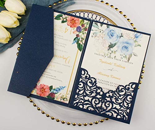 1set 5x7 inch 250gsm Navy Blue Laser Cut Hollow Vine tri fold Pocket Wedding Invitations Cards with Envelopes for Wedding Bridal Shower Invites