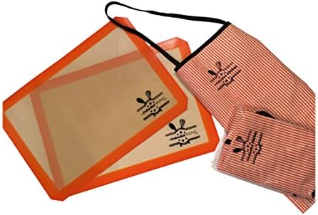 2 Kid's Colorful Orange and White Striped Aprons, plus 2 Professional Silicone Baking Mats-easy Clean Up, and Heat Resistant Liners for Cookie Sheets Bundle.