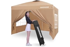OASISHOME Pop-up Gazebo Instant Canopy Tent 10'x10', with 4 Sidewalls, Windows, Wheeled Bag, for Patio/Outdoor/Wedding Parties and Events (10FTx10FT, Khaki)