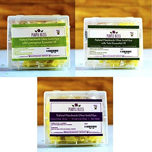 PurpleBliss Organic Ghee Diyas (10 cm x 6 cm x 4 cm, Yellow, Pack of 90, Regular+Lemongrass+Tulsi)