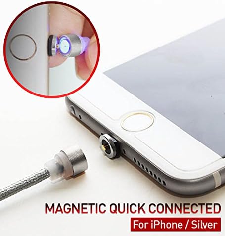 [QT] Magnetic Lightning Charging Cable ROUND CONNECTOR Nylon Braided 1.1m(3.6ft) High Speed 2.1A [No Data Sync] LED Lighting for iPhone iPad - Silver [S. KOREA]