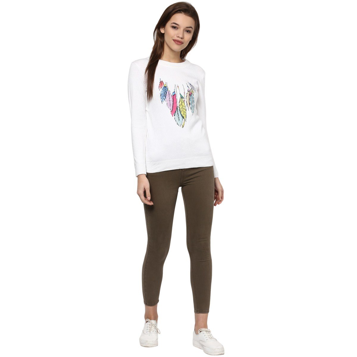 camey women's fashion stretchy round neck white long sleeve pullovers sweaters top