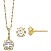 925 Sterling Silver Polished Gold-tone Cubic Zirconia 18inch Necklace Post Earrings Set Jewelry Set for Women
