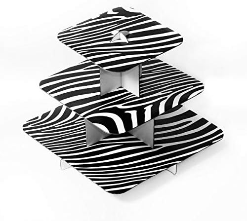 Ifavor123 Black and White Zebra Print 3-Tier Square Cardboard Cupcake Stand Dessert Tower Treat Stacked Pastry Serving Platter Food Display (12" Square, Black and White)