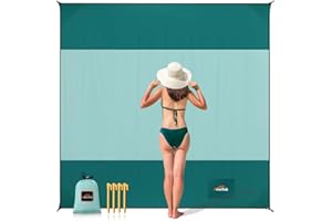 AnorTrek Beach Blanket Sandproof, Extra Large Beach Mat, Sand Free Mat Quick Drying, Lightweight, Soft & Durable Mat for Beach, Yard (Dark Green & Mint Green, 10 x 10 FT (1～9 Person))