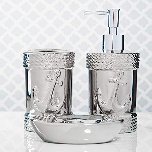 3 Piece Nautical Design Silver Electroplated Bathroom Accessories Set, Toothbrush Holder or Tumbler, Lotion or Soap…