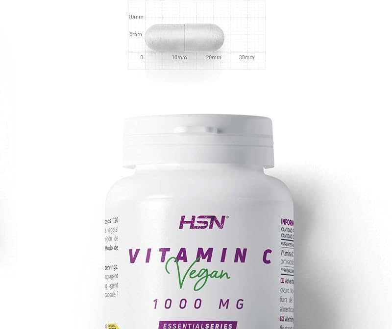 Vitamina C 1000 mg por HSN | 120 cápsulas vegetarianas 1 grama por porção de vitamina C pura como ácido ascórbico | Fornecimento de 4 meses | Não-OGM, Vegan, Sem Glúten