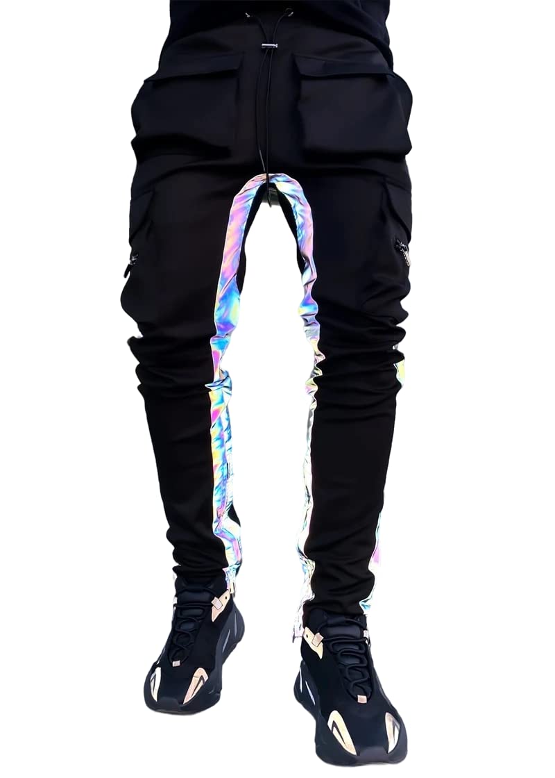 LZLRUN Rainbow Reflective Striped Pants Men Brand Hip Hop Dance Fluorescent Trousers Casual Harajuku Night Sporting Jogger