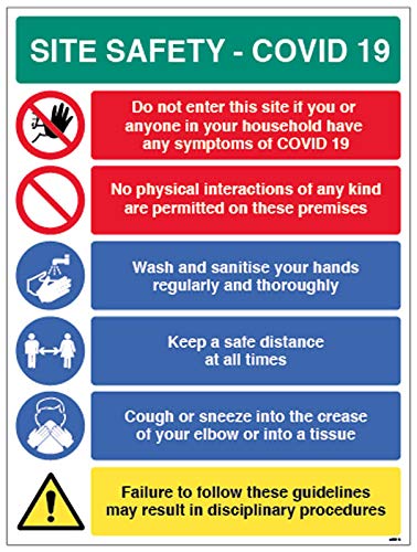 Site Safety COVID19 - no physical interactions, wash hands, keep a safe distance, use tissues - 4mm fluted 450x600mm
